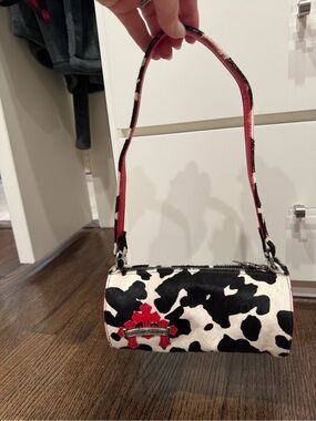 Cow Print Barrel Shoulder Bag in Black, White & Red